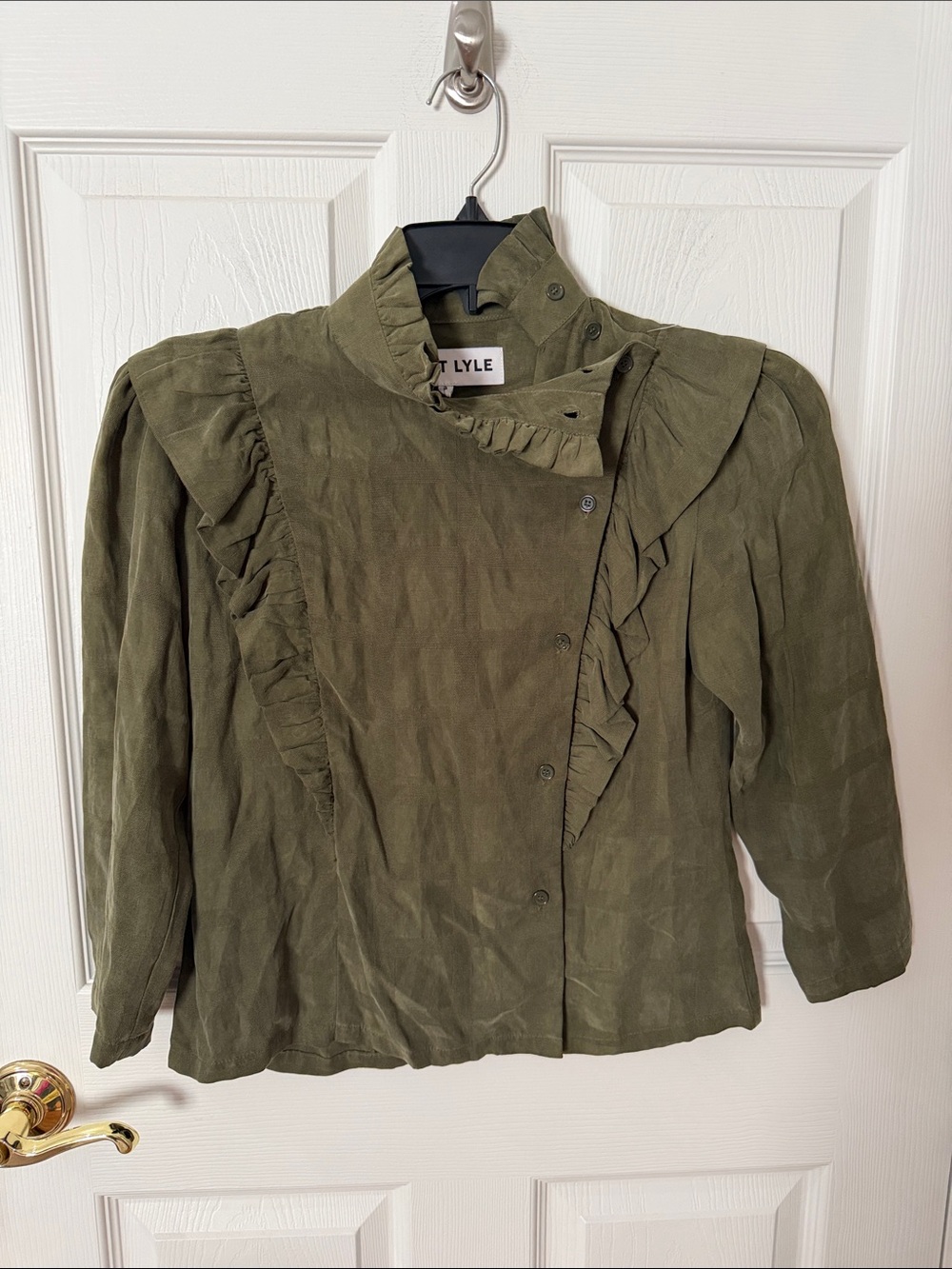 Kurt Lyle Olive Green Ruffled Button tencel Roma blouse small
